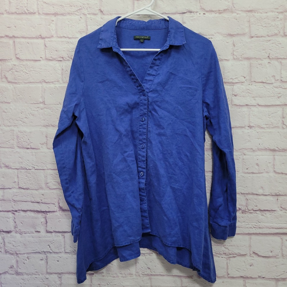 For Cynthia 100% Linen Button Shirt Womens L Tunic Minimalist Royal Blue Casual